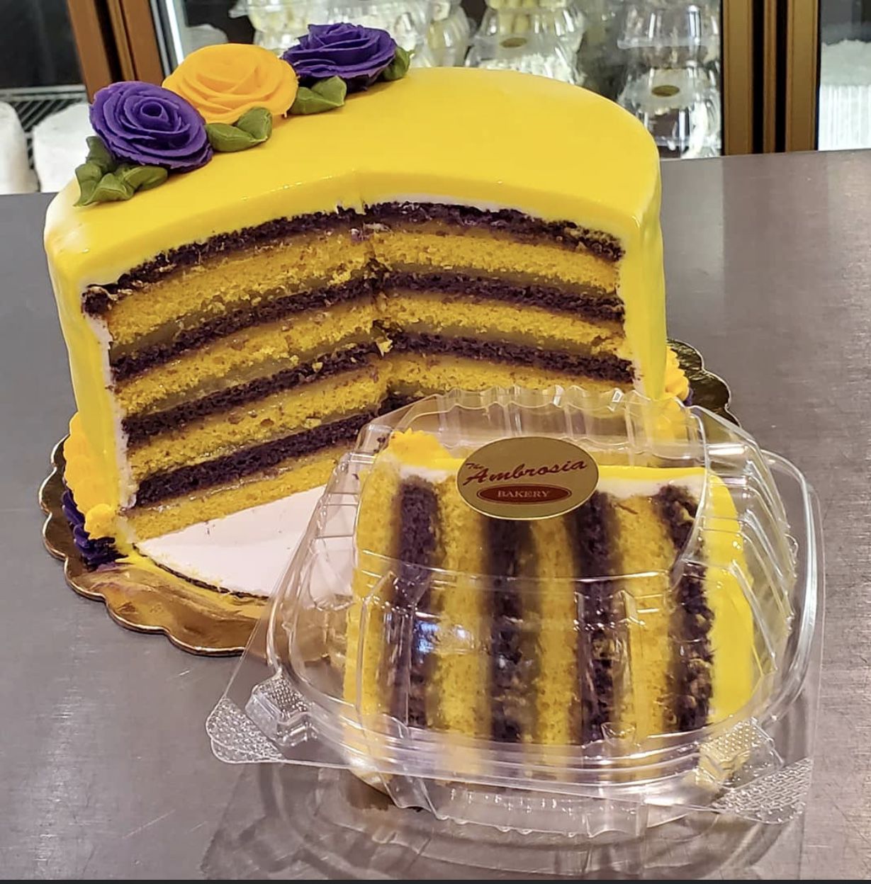 ambrosia purple and gold cake